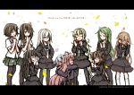  6+girls :d ahoge belt black_hair black_serafuku black_skirt blonde_hair blush brown_hair clapping closed_eyes crescent crescent_hair_ornament crescent_moon_pin crying fumizuki_(kantai_collection) green_eyes green_hair green_skirt hair_ornament hair_ribbon hands_on_hips happy_tears high_ponytail hug kantai_collection kikuzuki_(kantai_collection) kisaragi_(kantai_collection) kneehighs long_hair long_sleeves low_twintails mikazuki_(kantai_collection) mochizuki_(kantai_collection) multiple_girls mutsuki_(kantai_collection) nagatsuki_(kantai_collection) necktie open_mouth pantyhose pink_hair pleated_skirt ponytail red-framed_eyewear ribbon round_teeth satsuki_(kantai_collection) school_uniform serafuku short_hair short_sleeves skirt smile tears teeth twintails usui_harusame uzuki_(kantai_collection) very_long_hair wavy_mouth white_background white_hair white_necktie yayoi_(kantai_collection) yellow_eyes 