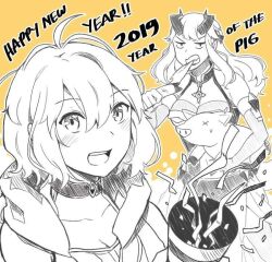  2019 2girls :d ahoge animal bare_shoulders breasts chinese_zodiac choker clenched_teeth collarbone color-les demon_girl demon_horns dragon_girl dragon_horns dress english_commentary greyscale_with_colored_background hair_between_eyes happy_new_year holding holding_animal horns large_breasts long_hair looking_at_viewer mage_and_demon_queen malori_crowett multiple_girls official_artist_extra open_mouth party_popper short_hair smile teeth velverosa year_of_the_pig 