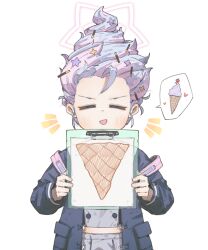  1girl absurdres alternate_hairstyle blue_archive blue_hair blue_jacket clipboard closed_eyes commentary drawing_(object) english_commentary facing_viewer food food-themed_hair grey_shirt halo highres holding holding_clipboard ice_cream jacket lord_potato midriff_peek multicolored_hair open_mouth pocky_hair_ornament purple_hair purple_halo reisa_(blue_archive) shirt simple_background solo speech_bubble spoken_object straight-on two-tone_hair upper_body white_background 