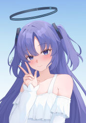  1girl absurdres azurarts bare_shoulders black_halo blue_archive blue_background blush closed_mouth commentary detached_sleeves halo hand_up highres long_hair long_sleeves looking_at_viewer purple_hair simple_background sleeveless smile solo twitter_username two_side_up upper_body violet_eyes w white_sleeves yuuka_(blue_archive) 