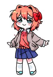  >:) 1girl blazer blue_eyes blue_skirt bow commentary_request curtained_hair deformed doki_doki_literature_club full_body hair_bow jacket korean_commentary neck_ribbon orange_vest outstretched_arms pigeon-toed pink_hair ribbon roblox_(medium) sayori_(doki_doki_literature_club) shirt skirt smile socks solo ting_mong v-shaped_eyebrows vest white_shirt white_socks 