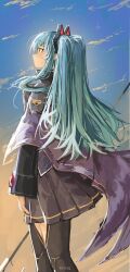  1girl absurdres animal_ear_hairband animal_ears ao_no_kiseki black_thighhighs blue_hair cape cat_ear_hairband cat_ears commentary eiyuu_densetsu fake_animal_ears hairband highres holding holding_staff keyv1q long_hair miniskirt purple_cape skirt solo staff thigh-highs tio_plato twintails yellow_eyes zero_no_kiseki 