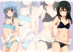  2girls :| absurdres black_bra black_hair black_panties blue_bra blue_eyes blue_hair blue_panties blush bow bow_bra bow_panties bra breasts cleavage closed_mouth collarbone detexted eyebrows_visible_through_hair gloves green_eyes hair_ornament hairclip hatsukaze_(kantai_collection) highres hime_cut kantai_collection lace lace-trimmed_bra lace-trimmed_panties long_hair looking_at_viewer multiple_girls nagami_yuu navel oyashio_(kantai_collection) panties panty_lift panty_pull purple_background scan small_breasts smile underwear underwear_only zoom_layer 