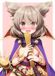  1girl @_@ belt blonde_hair blush border bracelet cape collared_shirt commentary_request completion_time earmuffs embarrassed highres holding jewelry looking_at_viewer medium_hair open_mouth outside_border pink_background pointy_hair purple_cape red_cape ritual_baton ruu_(tksymkw) sheath sheathed shirt sleeveless sleeveless_shirt solo sweat sword touhou toyosatomimi_no_miko two-sided_cape two-sided_fabric weapon white_border yellow_shirt 