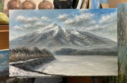  blue_sky clouds commentary_request day hashibossan landscape mountain mountain_focus no_humans original outdoors painting_(medium) scenery sky traditional_media 