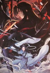  2boys ahoge architecture aura bird black_hair black_hanfu blood blood_on_hand blue_sash chinese_clothes closed_mouth crow east_asian_architecture embers fighting_stance fire floating_clothes floating_hair grandmaster_of_demonic_cultivation guqin hair_down hair_ribbon half_updo hanfu headband highres holding holding_instrument holding_weapon implied_yaoi instrument lan_wangji long_hair long_sleeves looking_at_viewer looking_back male_focus mdzs_official multiple_boys multiple_views official_alternate_hairstyle official_art profile projected_inset red_eyes red_ribbon red_sky ribbon robe sash scan scan_artifacts sidelocks sky smile smoke standing tassel third-party_source topknot wangji_guqin weapon wei_wuxian wei_wuxian_(yiling_laozu) white_hanfu white_headband wide_sleeves xiao_guan_(headdress) yaopei yellow_eyes 