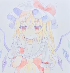  1girl ascot blonde_hair blush bow closed_mouth collared_shirt commentary_request crystal crystal_wings flandre_scarlet frilled_shirt_collar frills hat hat_bow highres hiyuu_(hiyualice) mob_cap multicolored_wings one_side_up red_bow red_eyes red_vest shirt smile solo touhou traditional_media upper_body vest white_hat white_shirt wings yellow_ascot 