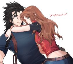  1boy 1girl aerith_gainsborough arms_around_neck artist_name black_hair blue_eyes blue_shirt brown_hair chest_harness claire_redfield claire_redfield_(cosplay) cosplay couple crisis_core:_final_fantasy_vii earrings english_commentary final_fantasy final_fantasy_vii final_fantasy_vii_remake green_eyes gun hand_on_another's_waist handgun harness hetero highres holding holding_gun holding_weapon hug jacket jewelry leon_s._kennedy leon_s._kennedy_(cosplay) long_hair looking_at_viewer medium_hair parted_lips popped_collar red_jacket resident_evil resident_evil_-_code:_veronica resident_evil_4 shirt short_sleeves simple_background sleeveless sleeveless_jacket smile spiky_hair stud_earrings wavy_hair weapon white_background yuffieski zack_fair 