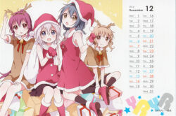  2014 4girls :d :o ahoge antlers artist_name blue_eyes blush brown_eyes brown_hair calendar_(medium) closed_mouth copyright_notice december dot_nose double-parted_bangs dress feet_out_of_frame furutani_himawari glasses gloves grey_hair hair_between_eyes hair_intakes hair_ornament hairclip hat horns ikeda_chitose long_hair looking_at_viewer multiple_girls namori oomuro_sakurako open_mouth parallel_hairclips ponytail purple_hair red_gloves reindeer_antlers santa_costume santa_dress santa_hat short_hair sitting sleeveless sleeveless_dress smile star_(symbol) sugiura_ayano third-party_source yuruyuri 