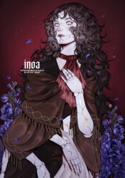  1girl artist_name ascot brown_hair brown_shawl closed_mouth commission cowboy_shot cracked_skin doll_joints extra_arms eyelashes falling_petals flower hand_on_own_chest highres ianthe_(flibee) inoaart joints long_hair looking_to_the_side original petals purple_flower red_ascot red_background shawl solo vgen_commission watermark wavy_hair white_eyes 