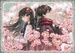  1boy 1girl back-to-back blush cherry_blossoms closed_mouth clothes_grab commentary english_commentary falling_petals flower flower_hairclip from_side hair_ornament hairclip highres holding holding_flower long_hair long_sleeves looking_down looking_up official_art pale_skin petals pink_flower scarf short_hair shy_(series) tennouji_ai_(shy) tokimaru_(shy) 
