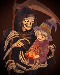 1boy 1other basket black_background black_cloak child cloak dragon_quest dragon_quest_dai_no_daibouken extra_arms grey_hair halloween_costume hat highres holding holding_basket holding_pumpkin holding_scythe hood hood_up hyunkel pointing pointing_at_another pumpkin purple_hair purple_robe red_eyes robe scythe skeleton skeleton_(dragon_quest) umi-be-to upper_body witch_hat 
