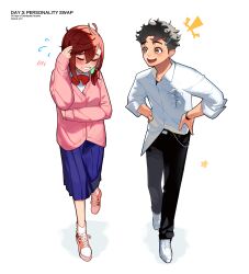  1boy 1girl absurdres ayase_momo black_hair black_pants blue_skirt blush bow bowtie breasts brown_eyes brown_hair cardigan closed_eyes collared_shirt crossed_arms dandadan english_text eyewear_hang flying_sweatdrops full_body hair_between_eyes hair_ornament hairclip hand_in_own_hair hands_on_own_hips hetero highres long_skirt looking_at_another medium_breasts medium_hair nervous_smile nervous_sweating open_mouth pants parted_bangs personality_switch pink_cardigan pleated_skirt red_bow red_bowtie school_uniform shirt shirt_partially_tucked_in shoes short_hair skirt smile sneakers socks sweat takakura_ken_(dandadan) twitter_username unworn_eyewear walking white_background white_shirt white_shoes white_socks yuqi_non 