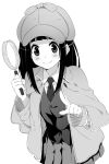  1girl bangs blunt_bangs blush cabbie_hat capelet chitanda_eru closed_mouth detective hat holding hyouka jacket long_hair looking_at_viewer magnifying_glass official_style open_clothes open_jacket paseri pleated_skirt pointing_at_user sidelocks simple_background skirt smile solo tareme upper_body vest 