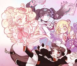  +_- 4girls babybweep bag black_hair blonde_hair blush boots brown_hair chain chupa_chups clover-shaped_pupils clover_print commentary curly_hair dress drill_hair english_commentary food_in_mouth fur_hood hair_ornament heterochromia highres hood long_hair magical_girl mahou_shoujo_ikusei_keikaku mahou_shoujo_ikusei_keikaku_aces multicolored_eyes multicolored_hair multiple_girls nakano_sorami open_mouth pantyhose paw_hair_ornament premium_sachiko puk_puck purple_dress purple_hair red_eyes sailor_collar school_bag school_uniform short_hair star_(symbol) star_hair_ornament striped_clothes striped_pantyhose symbol-shaped_pupils tail twintails ururu_(mahoiku) vertical-striped_clothes vertical-striped_pantyhose very_long_hair 