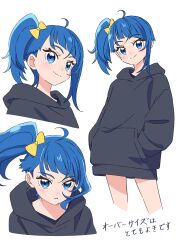 1girl ahoge black_hoodie blue_eyes blue_hair bow closed_mouth commentary_request hair_bow hands_in_pockets highres hirogaru_sky!_precure hood hood_down hoodie kousuke0912 medium_hair multiple_views parted_lips precure side_ponytail single_sidelock smile sora_harewataru translation_request yellow_bow 
