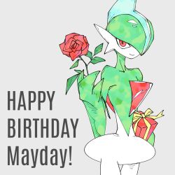  1other arm_blade box colored_skin cowboy_shot english_text flower gallade gift gift_art gift_wrapping green_hair green_skin hand_up happy_birthday high_contrast highres holding holding_box holding_flower holding_gift light_smile mohawk multicolored_skin pokemon pokemon_(creature) pokemon_focus red_eyes red_flower red_rose ribbon rose two-tone_skin umi-be-to weapon white_background white_skin wide_hips yellow_ribbon 