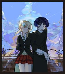  1boy 1girl arm_at_side arm_behind_back artist_name bird black_coat black_hair black_robe black_sleeves blonde_hair blue_flower blue_sky blunt_ends brick_wall chopgiu clouds cloudy_sky coat collared_shirt cosplay crona_(soul_eater) crona_(soul_eater)_(cosplay) flower genshin_impact green_necktie hair_between_eyes hair_flower hair_ornament hand_on_another's_shoulder head_tilt highres layered_sleeves light_blush long_sleeves looking_at_another lumine_(genshin_impact) maka_albarn maka_albarn_(cosplay) multicolored_flower multicolored_hair necktie open_mouth outdoors pleated_skirt purple_hair red_skirt robe scaramouche_(genshin_impact) shirt short_hair short_hair_with_long_locks short_over_long_sleeves short_sleeves sidelighting sidelocks sideways_glance skirt sky soul_eater streaked_hair striped_clothes striped_necktie tareme three-quarter_sleeves tsurime undershirt violet_eyes white_bird white_flower white_shirt white_sleeves wing_collar wispy_bangs yellow_eyes 