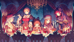 5girls absurdres alcohol aluce ange_beatrice architecture armband ascot banquet bare_shoulders bead_curtain beatrice_(umineko) birdcage black_bow black_choker black_corset black_crown black_dress black_gloves black_hat black_ribbon black_veil blonde_hair blue_dress blue_eyes blunt_bangs blurry bob_cut book bow braid braided_bun brooch brown_hair buttons cage cake candle candlestand capelet chair chandelier checkered_food cherry choker closed_mouth collarbone collared_capelet commentary_request corset crossed_bangs crown cup curtains cutlery dark decorations depth_of_field dessert dim_lighting dinner dress drinking_glass elbow_gloves expressionless facing_viewer feather_hair_ornament feathers flower flower_brooch food fork frilled_capelet frilled_choker frilled_dress frilled_hat frilled_sleeves frills fruit gem glass gloves glowing glowing_eyes gold gold_bar hair_between_eyes hair_bobbles hair_bun hair_ornament hairband halloween hand_on_own_arm hand_on_own_face hand_on_own_hip hands_on_own_cheeks hands_on_own_face hands_on_table hat hat_flower hat_ornament highres holding holding_candle holding_fork holding_knife holding_smoking_pipe jack-o'-lantern jewelry juliet_sleeves key key_necklace kitchen_knife knife layered_dress layered_sleeves leaning_forward leaning_on_table light_particles lighting_candle lolita_fashion long_hair long_sidelocks long_sleeves looking_at_viewer maria_(umineko) medium_hair mini_crown mini_hat multiple_girls necklace night off_shoulder one_eye_closed open_mouth ornate own_hands_clasped own_hands_together petals pink_ascot pinstripe_dress pinstripe_pattern plate puffy_sleeves pumpkin purple_capelet red_dress red_flower red_gem red_hair red_rose ribbon ribbon-trimmed_capelet ribbon_trim ring rose saucer shadow short_twintails sidelocks silhouette sitting sky smile smoking_pipe sparkle spoon standing star_(sky) star_(symbol) star_ornament staring starry_sky straight_hair strapless string_lights table tablecloth teacup twintails umineko_no_naku_koro_ni unlit_candle ushiromiya_ange ushiromiya_maria veil virgilia_(umineko) wavy_hair wavy_sidelocks whipped_cream white_hair wide_sleeves wine wine_glass witch yellow_armband 