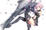  1girl anmi armor armored_dress black_legwear fate/grand_order fate_(series) flower full_body hair_over_one_eye highres looking_at_viewer navel petals purple_hair shield shielder_(fate/grand_order) short_hair simple_background solo thigh-highs violet_eyes white_background 