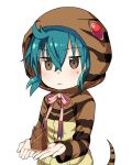  1girl 5240mosu aqua_hair bamboo_shoot check_commentary commentary commentary_request eyebrows_visible_through_hair hood hoodie kemono_friends long_sleeves palms ribbon short_hair snake_tail solo striped_hoodie tsuchinoko_(kemono_friends) 