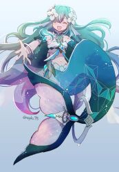  1girl aqua_hair artist_name blue_gem blush closed_eyes collar commentary_request fins flower frilled_collar frills full_body gem genshin_impact gradient_hair hair_flower hair_intakes hair_ornament head_fins highres long_hair merfolk mermaid monster_girl multicolored_hair nagiko_795 navel no_teeth open_mouth outstretched_arms pale_skin smile tail tail_ornament tail_ring vodyanitsa_(genshin_impact) vodyanitsa_(water_imp)_(genshin_impact) white_flower 