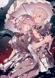  3girls absurdres apron ascot bat_wings blue_dress blue_eyes blue_hair bow braid broom broom_riding commentary dress full_moon green_bow grey_hair hair_bow hat hat_ribbon highres izayoi_sakuya kirisame_marisa long_hair maid maid_headdress mob_cap moon multiple_girls night pink_hat pink_shirt pink_skirt po_(anhk5528) red_ascot red_eyes remilia_scarlet ribbon shirt sketch skirt skirt_set touhou twin_braids waist_apron white_apron wings 