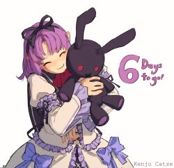  1girl black_ribbon closed_mouth commentary countdown curtained_hair dress eiyuu_densetsu english_commentary english_text hair_ribbon highres kenjocatze purple_hair renne_(eiyuu_densetsu) ribbon simple_background smile solo sora_no_kiseki standing stuffed_animal stuffed_rabbit stuffed_toy white_background white_dress 