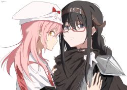  2girls aayoii_00 akemi_homura alternate_costume armor beret black_hair bow braid breastplate brown_cape brown_headband cape fantasy glasses hand_on_another's_chest hat hat_bow headband highres holding_another's_arm kaname_madoka long_sidelocks mahou_shoujo_madoka_magica multiple_girls pink_hair red-framed_eyewear red_bow shirt shoulder_armor sidelocks twin_braids violet_eyes white_background white_shirt yellow_eyes 
