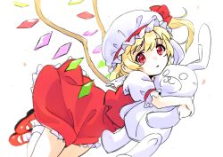  1girl blonde_hair commentary_request crystal flandre_scarlet hat holding holding_stuffed_toy looking_at_viewer mob_cap one-hour_drawing_challenge parted_bangs puffy_short_sleeves puffy_sleeves red_eyes red_shoes red_skirt red_vest shoes short_sleeves side_ponytail simple_background skirt skirt_set socks solo stuffed_animal stuffed_rabbit stuffed_toy touhou urata_asao vest white_background white_socks wings 