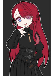  1girl :d absurdres ange_katrina ange_katrina_(9th_costume) arm_behind_back asymmetrical_bangs belt black_background black_belt black_corset black_shirt black_skirt blue_eyes button_up_skirt collared_shirt commentary_request corset cowboy_shot deformed finger_to_mouth gold_necklace hair_over_one_eye hand_up highres jewelry kurahutooniki long_bangs long_hair looking_at_viewer multicolored_eyes multiple_belts necklace nijisanji open_mouth outline pendant pleated_skirt puffy_sleeves red_hair shirt shirt_tucked_in simple_background single_hair_intake skirt sleeves_past_wrists smile solo teeth two-tone_eyes upper_teeth_only very_long_hair violet_eyes virtual_youtuber white_outline 