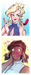  2girls 2koma after_kiss applying_makeup blonde_hair blue_eyes blush breasts brown_eyes brown_hair casual cleavage cleavage_cutout comic commentary compact dark_skin ddhew earrings eyebrows hair_tubes heart highres jewelry lipstick lipstick_mark lipstick_tube makeup medium_breasts mercy_(overwatch) multiple_girls nail_polish necklace overwatch pharah_(overwatch) shirt short_ponytail sideways_glance sleeveless sleeveless_shirt sleeveless_turtleneck turtleneck yuri 