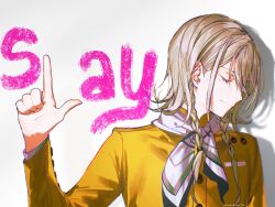  1boy black_neckerchief blonde_hair blood braid closed_eyes coat colored_blood danganronpa_(series) danganronpa_2:_goodbye_despair danganronpa_2x2 english_text hair_between_eyes heikokuru1224 higashi_sakutaro highres jacket l_hand looking_to_the_side low_twin_braids male_focus mole mole_under_eye multicolored_neckerchief neckerchief pink_blood pointing shadow simple_background twin_braids two-tone_neckerchief white_background white_neckerchief yellow_coat yellow_jacket 