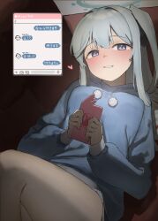  absurdres bare_legs blue_archive blue_hoodie blush cellphone chat_log commentary_request dark_background doodle_sensei_(blue_archive) halo highres holding holding_phone hood hoodie long_hair long_sleeves looking_at_phone lying miyako_(blue_archive) miyako_(young)_(blue_archive) phone sensei_(blue_archive) side_ponytail smartphone smile tap_(vjnm2724) thighs violet_eyes white_hair 