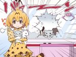  1girl animal_ears blonde_hair blush broken_glass brown_eyes crane_game emphasis_lines glass kemono_friends looking_at_viewer rioshi serval_(kemono_friends) serval_ears serval_print serval_tail smile solo striped_tail stuffed_animal stuffed_toy tail 