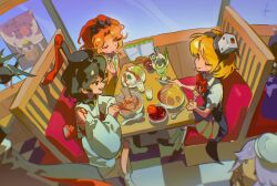  5others androgynous bad_food bare_legs bare_shoulders black_cloak black_eyes black_hair black_hairband black_hat black_kimono blonde_hair blue_sky book_of_the_cafe booth_seating bow bowl bowtie brown_shoes chair checkered_floor chopsticks cloak closed_eyes closed_mouth coattails collar collared_shirt commentary creature crossed_legs day detached_collar detached_sleeves dice_hair_ornament dress_shirt eating eye_of_senri eye_on_hat favnvs_(s910a_ib6) food fork frilled_headwear frilled_kimono frills green_hakama green_kimono hair_ornament hair_rollers hairband hakama hakama_short_skirt hakama_skirt half-closed_eye hand_on_table haori happy hat hat_ribbon highres holding holding_chopsticks holding_fork holding_knife hood hood_down hooded_jacket houlen_yabusame houlen_yabusame_(slime) jacket japanese_clothes jinbei_(clothes) kariginu kimono kneehighs knife layered_sleeves len'en loafers long_sleeves looking_at_another menu mob_cap multiple_others nilu_(len'en) on_chair orange_hair orange_jacket other_focus parfait poster_(object) puffy_short_sleeves puffy_sleeves purple_jacket red_bow red_bowtie red_cloak red_hairband red_ribbon ribbon senri_tsurubami shadow shirt shitodo_kuroji shoes short_hair short_kimono short_sleeves sitting skirt sky slime_(creature) socks spoon tailcoat talking tate_eboshi traditional_bowtie two-sided_cloak two-sided_fabric untranslatable_commentary utensil_in_mouth wavy_hair white_collar white_shirt white_sleeves white_socks wide_sleeves window xeno_a zemlja_c_tom zuifeng_tenkai 