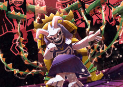  3boys 3girls absurdres alphys asriel_dreemurr asriel_dreemurr_(god_of_hyperdeath) black_sclera brothers colored_sclera commentary_request crossed_legs delta_rune_(symbol) evil_smile heart heart_necklace highres horns jewelry long_sleeves looking_at_viewer mother_and_child mother_and_son multiple_boys multiple_girls necklace on_throne open_mouth papyrus_(undertale) parent_and_child plant sans_(undertale) scene_reference short_hair siblings sitting smile spoilers thorns throne toriel undertale undyne utdr_(toby_fox) vines watawata22 white_eyes 