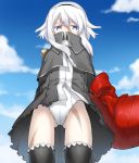  1girl blue_eyes citron_82 clouds coat covered_mouth crotch day fate/grand_order fate_(series) from_below gluteal_fold hairband leotard looking_down mary_read_(fate/grand_order) ribbon scar short_hair_with_long_locks silver_hair sky solo sword thigh-highs weapon 