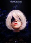  1girl black_blindfold black_dress blindfold closed_mouth covered_eyes dress facing_viewer highres lips mole mole_under_mouth nier_(series) nier_automata nose portrait red_lips short_hair solo spiz turtleneck white_hair yorha_no._2_type_b 