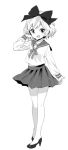 1girl :d ama-tou arm_at_side bare_legs bow collar collarbone collared_shirt dot_nose erie eyebrows_visible_through_hair eyelashes fang full_body greyscale hair_bow hair_ornament hand_in_hair hand_up high_heels long_sleeves looking_at_viewer midriff_peek monochrome navel neck_ribbon open_hand open_mouth pleated_skirt pumps ribbon sailor_collar school_uniform shirt short_hair simple_background skirt sleeve_cuffs smile solo standing tonari_no_kyuuketsuki-san tsurime wavy_hair white_background 