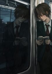  1boy against_door ame_akagi black_pants blue_jacket book closed_mouth dress_shirt hair_between_eyes highres holding holding_book jacket kita_high_school_uniform koizumi_itsuki looking_down male_focus necktie pants reading red_necktie reflection school_uniform shirt short_hair smile solo suzumiya_haruhi_no_yuuutsu train_interior white_shirt winter_uniform 