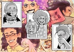  2girls 3boys aged_down bartholomew_kuma beard black_hair black_lips blood blue_eyeshadow commentary emporio_ivankov eyeshadow facial_hair father_and_child father_and_daughter flag freckles ginny_(one_piece) glasses highres jewelry_bonney long_hair makeup missing_tooth monkey_d._dragon monkey_d._luffy mother_and_child mother_and_daughter multiple_boys multiple_girls one_piece parent_and_child purple_hair roronoa_zoro sarcasticbeanie smile tears wanted_poster 