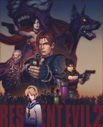  1boy 3girls ada_wong aiming aiming_at_viewer bare_shoulders black_gloves black_hair blonde_hair blue_eyes blue_hairband blue_sailor_collar breasts brown_hair child commentary copyright_name dog dress english_commentary fingerless_gloves furrowed_brow gloves gun hair_between_eyes hairband handgun holding holding_gun holding_weapon long_hair looking_at_viewer medium_breasts multiple_girls parted_bangs police police_uniform ponytail red_dress red_vest resident_evil resident_evil_2 sailor_collar sherry_birkin shirt short_hair sleeveless sleeveless_dress teeth upper_body vest vitaliy_shushko weapon white_shirt yellow_eyes zombie 