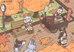  5girls ahoge animal_ears autumn_leaves blue_jacket blunt_bangs blush bow bow_hairband braid brown_cardigan brown_dress brown_hair brown_hairband brown_hat brown_ribbon bug cardigan casual clock clock_tower closed_eyes closed_mouth commentary_request dragonfly dress ear_bow ear_covers ear_ribbon eating flipped_hair food gold_ship_(umamusume) grey_hair hair_between_eyes hair_ornament hair_over_one_eye hairband hairclip half_up_braid hat highres hishi_miracle_(happy_little_notes)_(umamusume) hishi_miracle_(umamusume) holding holding_food horse_ears horse_girl horse_tail jacket koshiba_taiyaki lantern leaf long_hair long_sleeves multicolored_hair multiple_girls mushroom oguri_cap_(casual)_(umamusume) oguri_cap_(umamusume) on_bench open_clothes open_mouth outdoors pillbox_hat plaid_clothes plaid_dress purple_bow red_robe ribbon rice_shower_(casual)_(umamusume) rice_shower_(umamusume) roasted_sweet_potato robe short_hair sitting smile special_week_(casual)_(umamusume) special_week_(umamusume) sweet_potato tail tower tree twintails umamusume vending_cart violet_eyes white_hair 