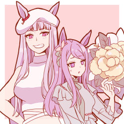  2girls animal_ears bare_arms bare_shoulders beret breasts ears_through_headwear enonko gold_ship_(umamusume) grey_shirt grin hat highres horse_ears long_hair long_sleeves medium_breasts mejiro_mcqueen_(umamusume) multiple_girls purple_hair shirt sleeveless sleeveless_shirt smile swept_bangs umamusume violet_eyes white_hat white_shirt 