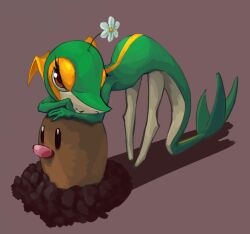  brown_background brown_eyes colored_skin diglett dirt eyelashes flower green_skin looking_at_viewer multicolored_skin no_humans pinderhooks pink_nose pokemon pokemon_(creature) simple_background snivy tail two-tone_skin white_flower yellow_skin 