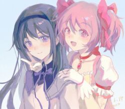  2girls akemi_homura akemi_homura_(magical_girl) black_hair black_hairband blue_background blush bow cha_xinzi chinese_commentary choker closed_mouth commentary_request dated frilled_sleeves frills gloves hair_bow hairband hand_on_another's_shoulder kaname_madoka kaname_madoka_(magical_girl) long_hair mahou_shoujo_madoka_magica mahou_shoujo_madoka_magica_(anime) multiple_girls neck_ribbon open_mouth pink_bow pink_eyes pink_hair puffy_short_sleeves puffy_sleeves purple_ribbon red_choker ribbon shirt short_hair short_sleeves simple_background smile soul_gem_(madoka_magica) twintails v violet_eyes white_gloves white_shirt 
