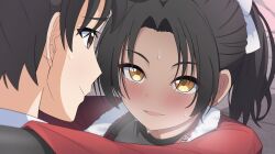  1girl absurdres arms_around_neck black_hair blue_archive blush close-up commentary_request dark-skinned_female dark_skin halo heavy_breathing hey_i_could_have_died_(meme) highres japanese_clothes korean_commentary looking_at_another meme natsuki_(blue_archive) parted_lips pink_halo ponytail poorunii scene_reference sensei_(blue_archive) sensei_(blue_archive_the_animation) smile sweat towel towel_around_neck yellow_eyes 