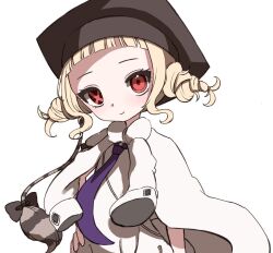  1girl blonde_hair blunt_bangs closed_mouth coat commentary_request hand_on_own_hip hat looking_at_viewer magical_girl mahou_shoujo_ikusei_keikaku mahou_shoujo_ikusei_keikaku_aces monoshiri_micchan mortarboard necktie one-hour_drawing_challenge purple_necktie qoo_1025 red_eyes short_hair smile symbol-shaped_pupils white_background white_coat x-shaped_pupils 