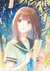  1girl artist_name bamboo black_sailor_collar blue_neckerchief brown_hair bug closed_mouth commentary_request english_text firefly flat_chest highres holding holding_tanzaku k.nishiyama medium_hair neckerchief night original outdoors painting_(medium) pink_nails sailor_collar short_sleeves sky smile solo tanabata tanzaku traditional_media upper_body watercolor_(medium) watermark yellow_eyes 